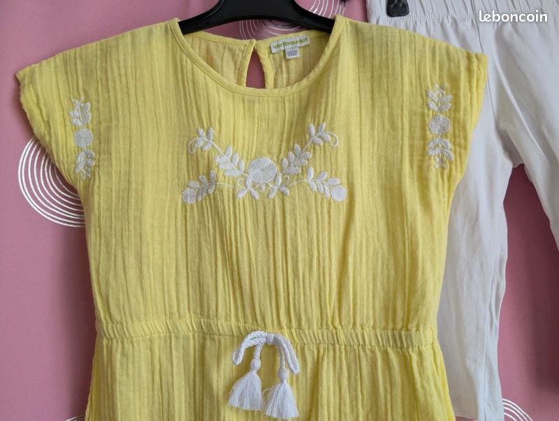 Ensemble été Verbaudet robe jaune brodé et legging short blanc 6 ans (image 2)