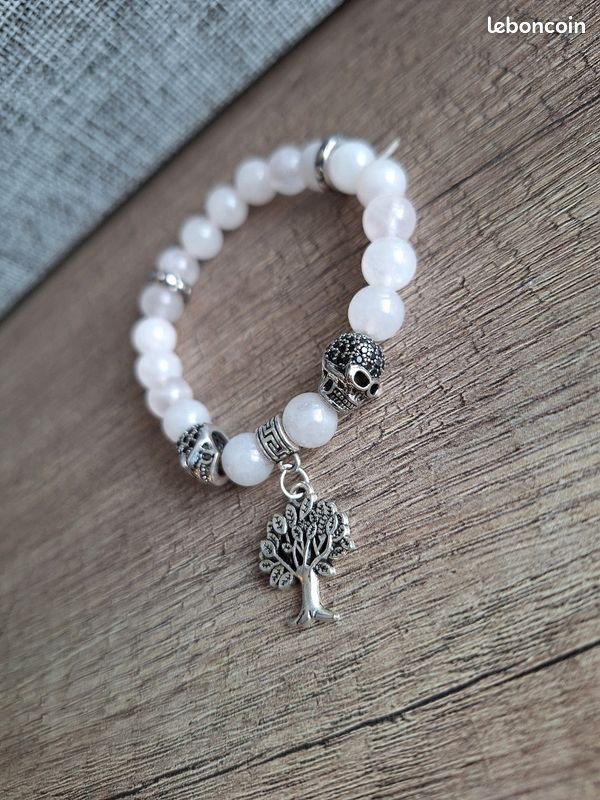 Bracelet élastique, perles roses, arbre de vie et crâne argenté. Fait main (image 3)