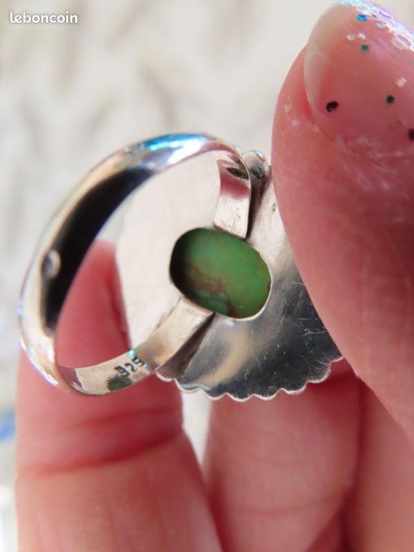 Bague Argent Massif Avec Cabochon De Turquoise Verte - Taille 56 - Occasion