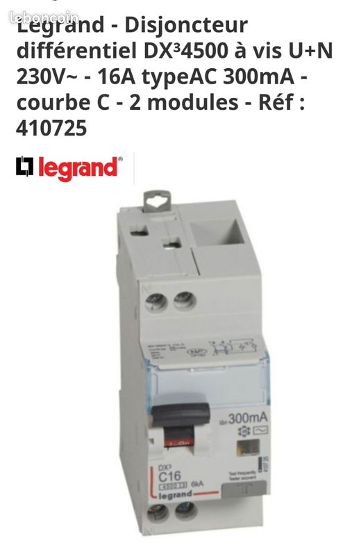 410725 Legrand Disjoncteur Différentiel 16A Type AC 300mA - Courbe C - DX³4500 1P+N