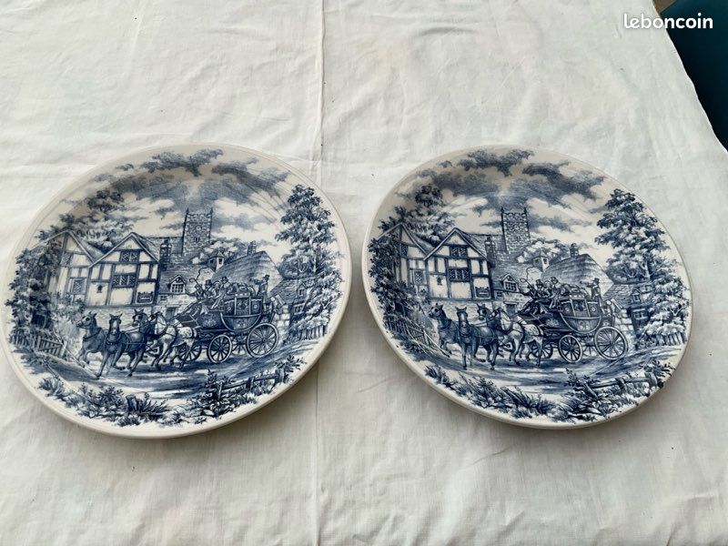 Lot 2 grandes assiettes plates vintage OXFORD, décor scène anglaise,26 cm (image 1)
