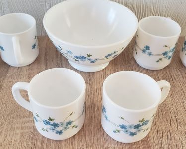 Lot 10 Tasses Et Soucoupes Arcopal Véronica, Motif Myosotis, Vintage Années 70
