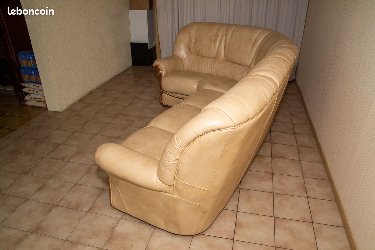 Canapé d'angle gauche en cuir 4 places coloris beige (image 6)
