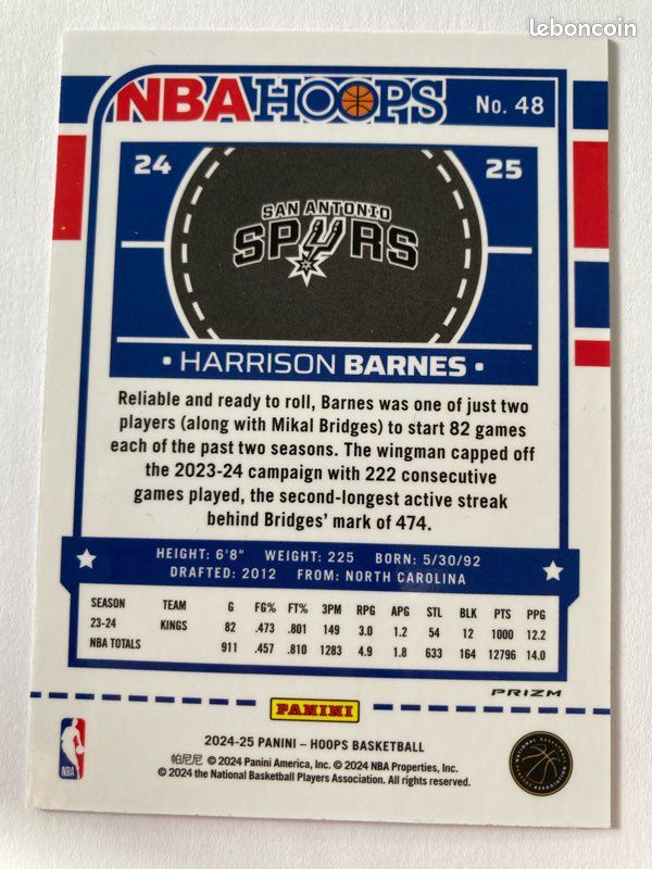 Carte NBA Panini Harrison Barnes (San Antonio Spurs) (image 2)