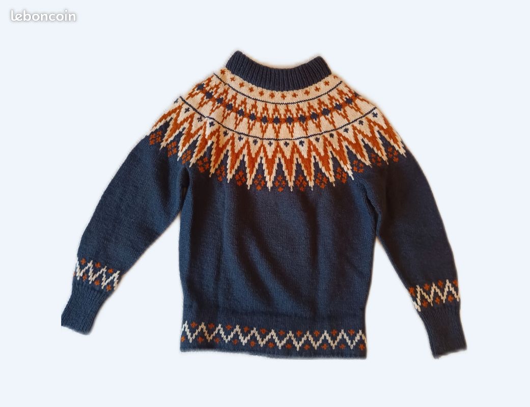 Pull Vintage Fait Main En Pure Laine - Taille 36/38, Ancien, Très Bon état
