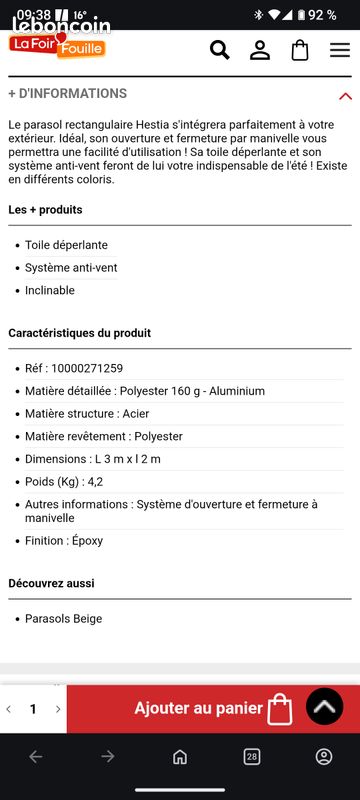 Parasol rectangle beige hestia avec pied (image 14)