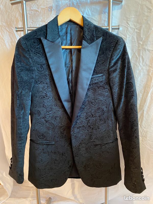 Izac Veste de costume homme noir imprimée velours baroque taille