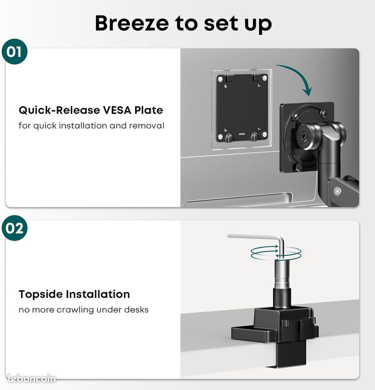 Support Écran PC Double Vertical 24-57 Pouces - Bras Gaz Réglable Hauteur, Inclinaison Pivot Rotation, Charge 2x27kg, VESA 75/100/200, Noir