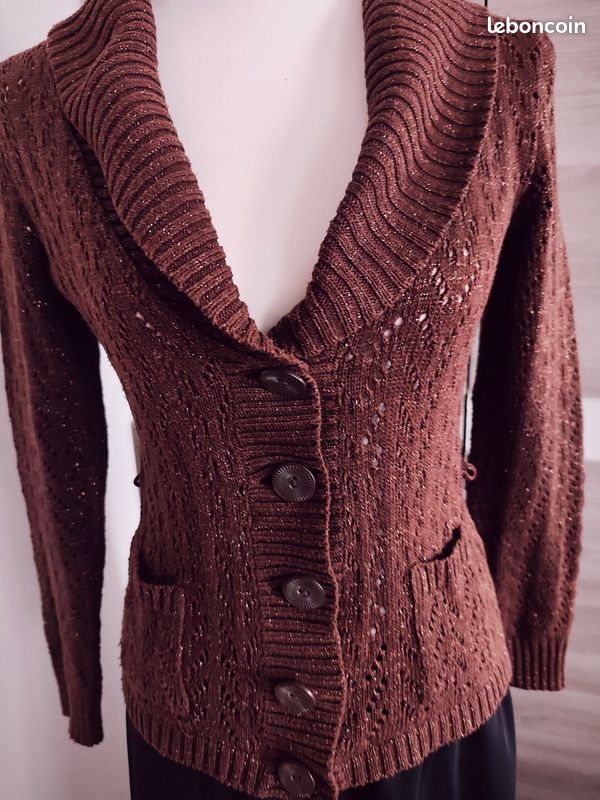 Gilet Yessica C&A marron cuivré pailleté – Taille S – Maille ajourée (image 5)