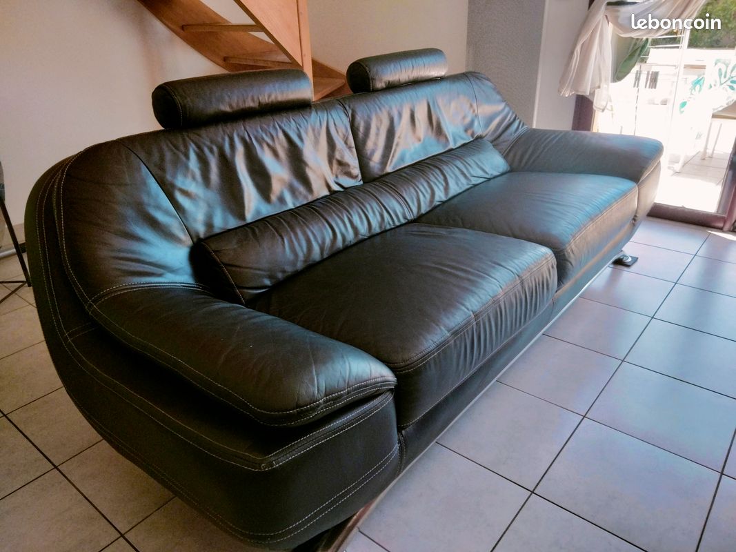 Canapé droit en cuir noir (image 2)