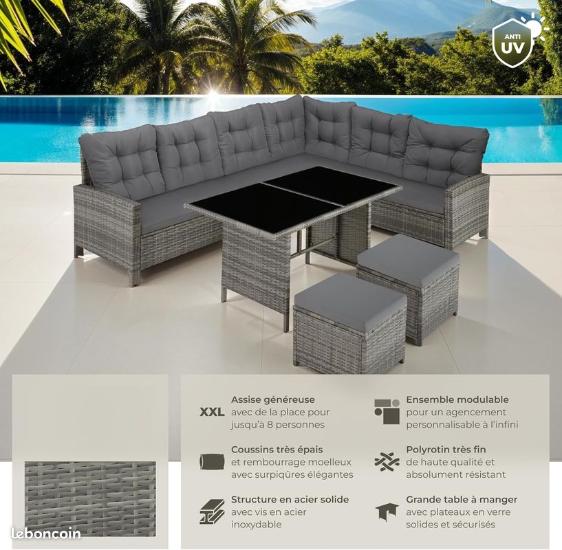 Salon de Jardin Modulable Gris - 1 Canapé de Jardin Exterieur Angle - Table Jardin - 2 Tabourets - Balcon Terrasse (image 5)