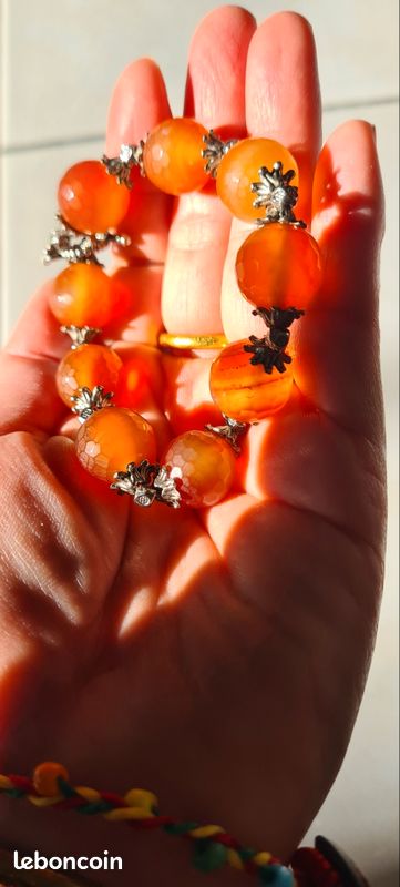 Bracelet Vintage En Acier Avec Agates Oranges - Pierres Naturelles - Occasion Très Bon état