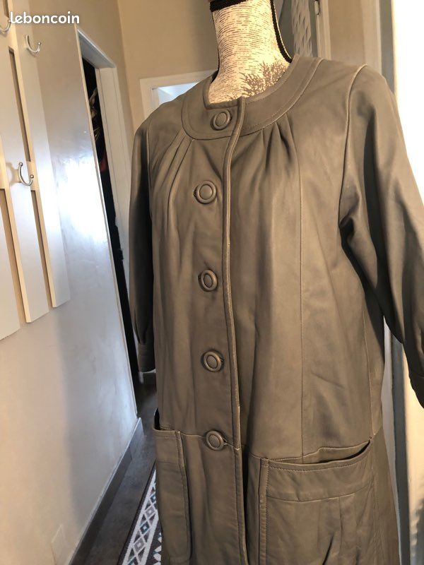 Manteau 3/4 en cuir d’agneau souple taille 40/42 gris (image 5)