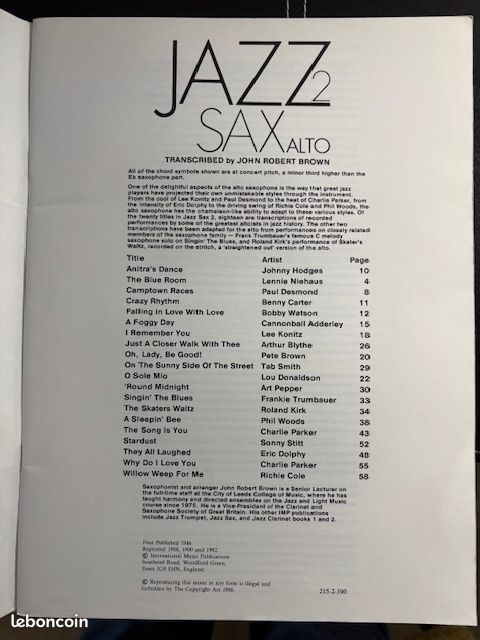 Jazz Sax 2 - Alto Saxophone - édition en Anglais de John Robert Brown (image 3)