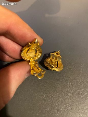 Boucles D'oreille Clips Vintage Années 60-70 - Métal Doré émail Bleu Fleuri - Bijou Fantaisie Rétro