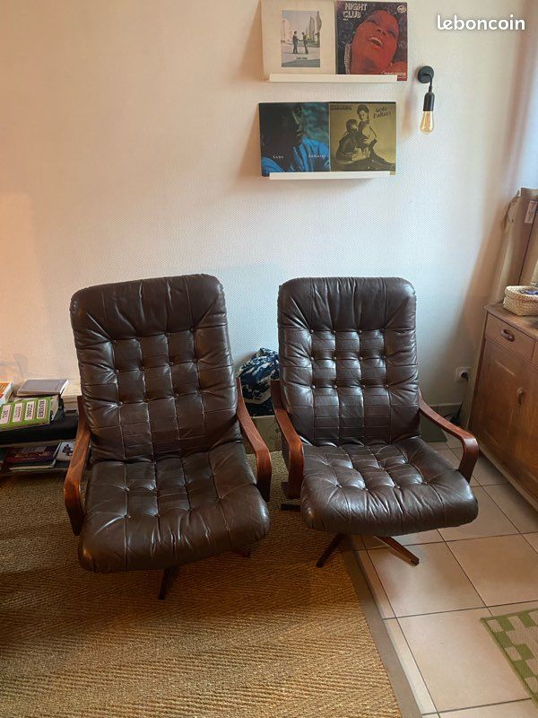 Paire de fauteuils vintage pivotants en cuir marron (image 5)