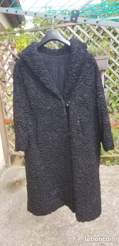 Manteau Vintage Fourrure Noir Astrakan Taille 40/42 (L) - Parfait état, Doublure Satin