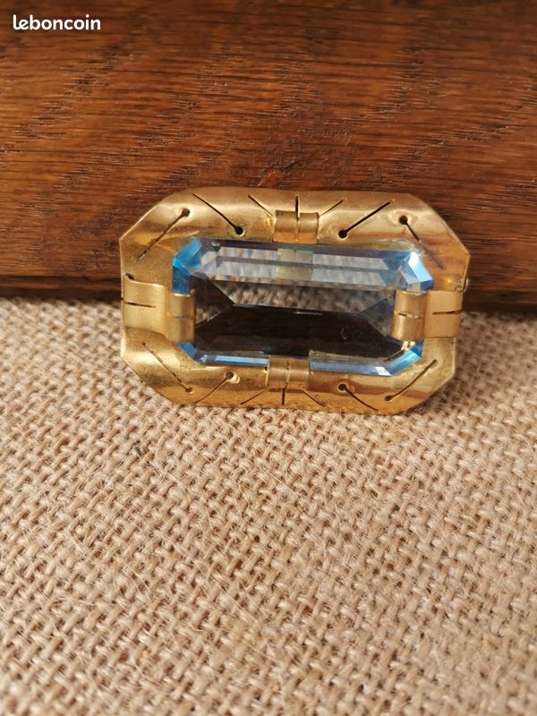 Broche Ancienne Art Déco - Pierre Bleue Taillée, Métal Argenté, Avec Son Coffret à Bijoux