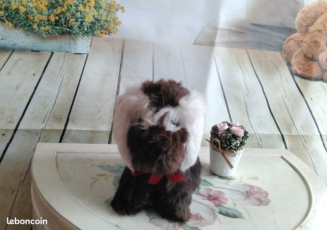 Jouet ancien chien en fausse fourrure marron et blanc (image 8)