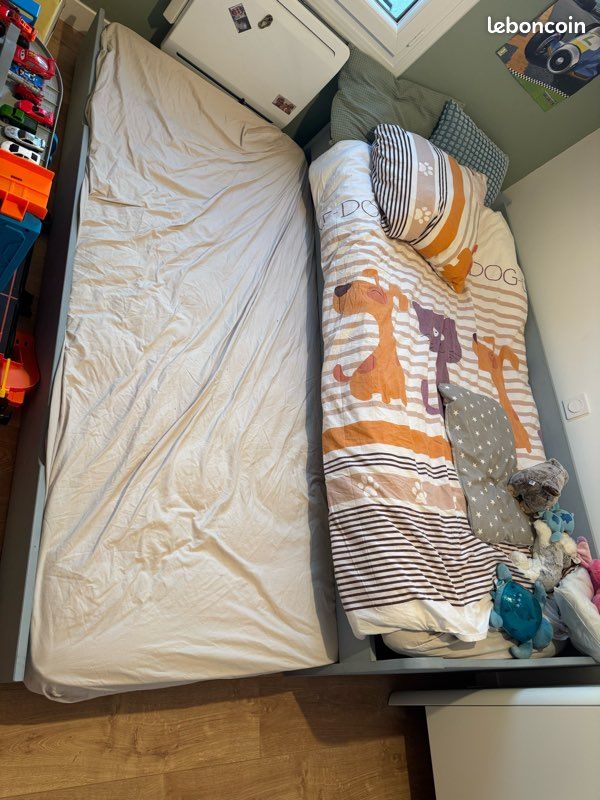 Lit gigogne gris + matelas + sommier (image 2)