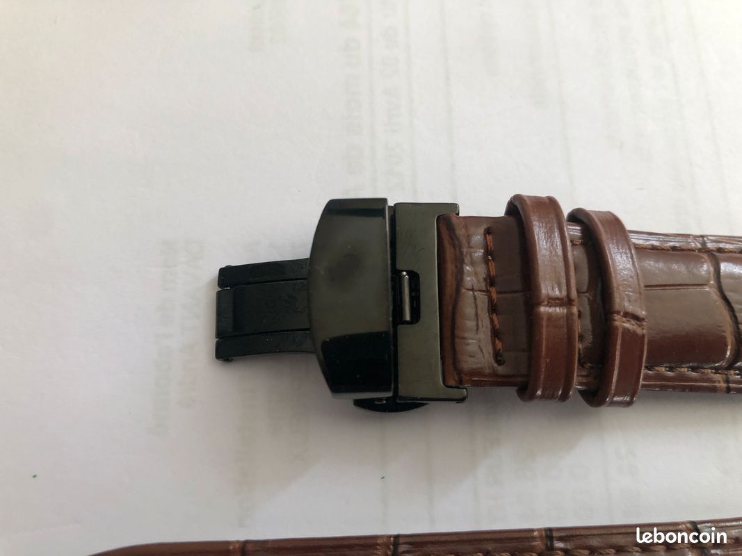 Bracelet De Montre En Cuir De Veau Lisse Marron - Boucle Déployante Papillon XXL - Neuf