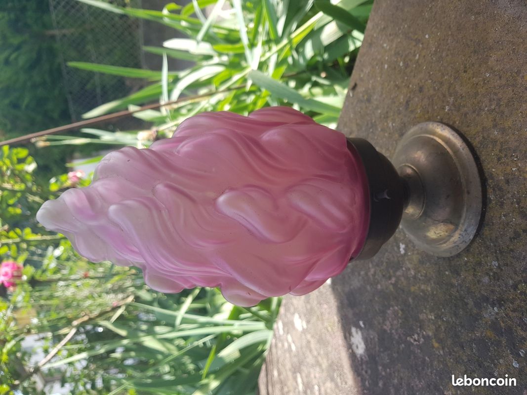 Lampe Veilleuse Flamme Art Déco - Verre Dépoli Rose et Bronze/Laiton (image 2)