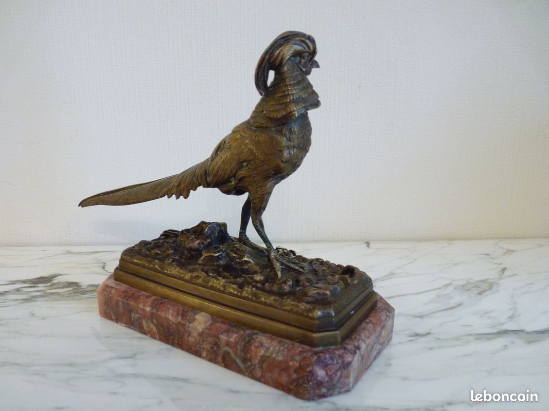 Trophée De Chasse Ancien - Sculpture Bronze Faisan Sur Médaillon Bois XIXème