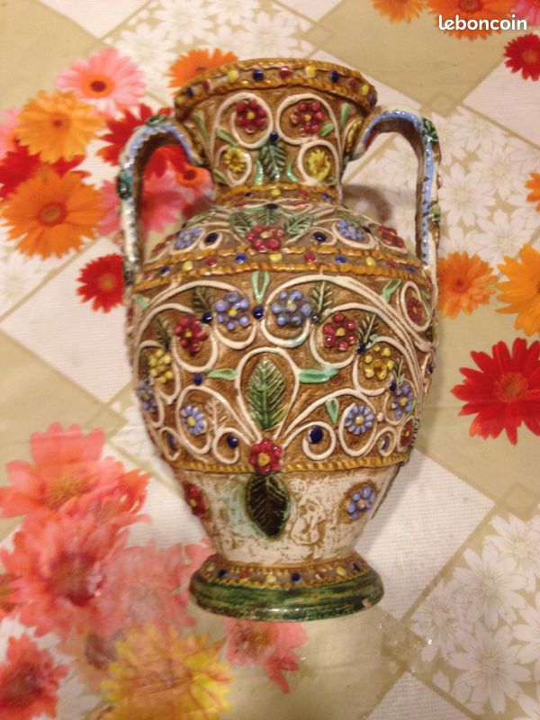 Vase céramique italienne style demi rosace à fleurs vintage (image 1)
