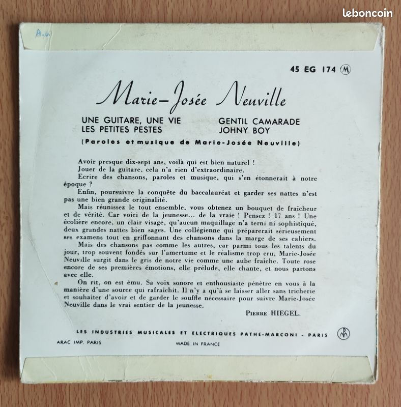 Disque 45t : Marie-Josée Neuville – Une Guitare, Une Vie (image 2)