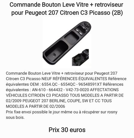 Bouton commande lève vitre Peugeot 207 CC SW C3 PICASSO 6554QC