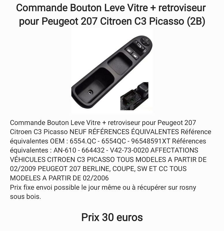 Commande Bouton Leve Vitre + retroviseur pour Peugeot 207 Citroen