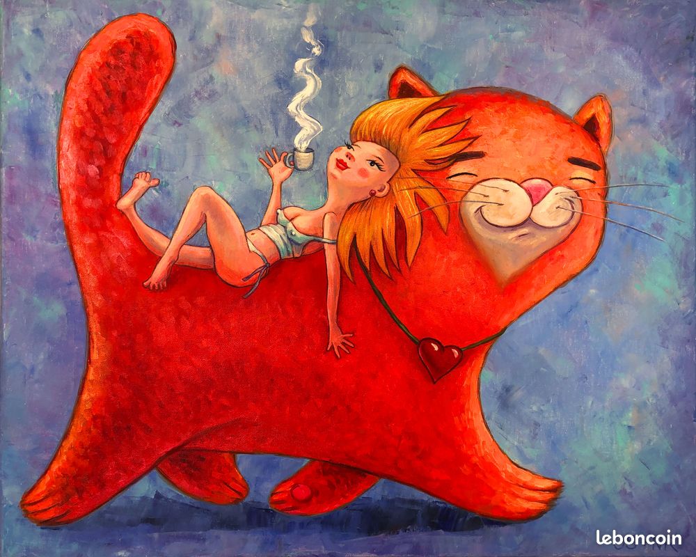 Tableau Femme allongé sur geant chat rouge (image 1)