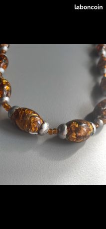 Collier Ancien Perles En Pâte De Verre Marron – 2 Rangs – Style Murano – Occasion