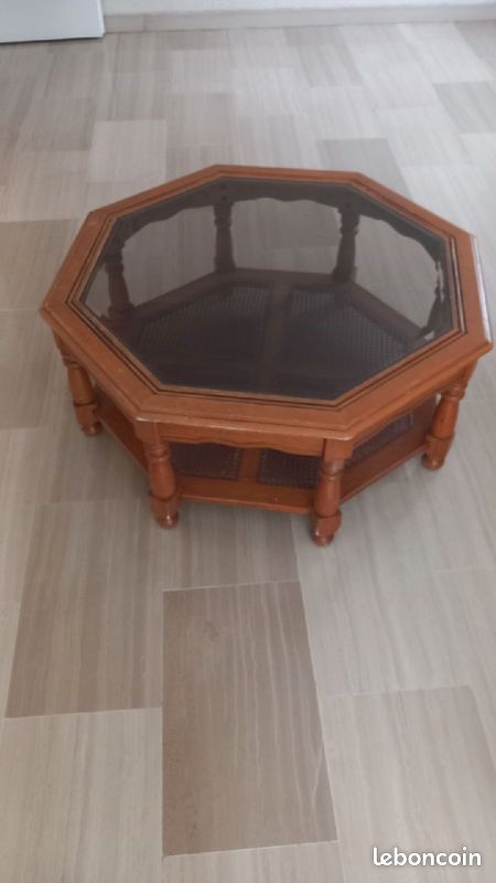 Table basse octogonale merisier plateau verre biseauté TBE (image 1)