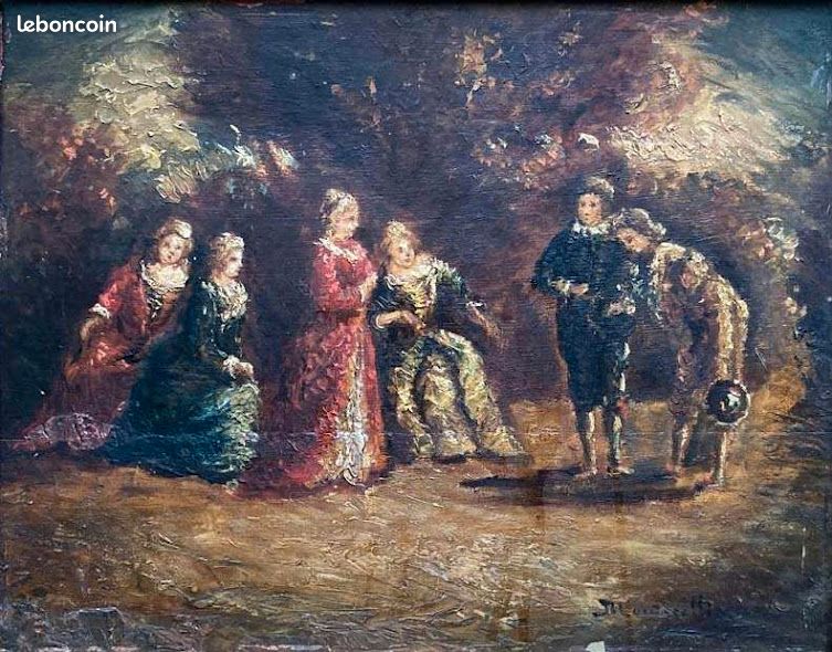 MONTICELLI Adolphe Tableau ancien Scène Galante Élégantes au Parc Peinture 19ème (image 3)