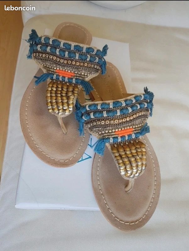 đ Sublimes tongs sandales plates Cuir Bleu Bronze - Alma En Pena (Boho) (image 3)