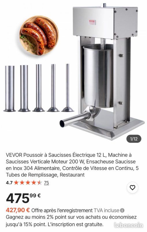 Machine à Saucisses électrique VEVOR 12L - Poussoir Vertical En Inox 304 - 200W - Neuf