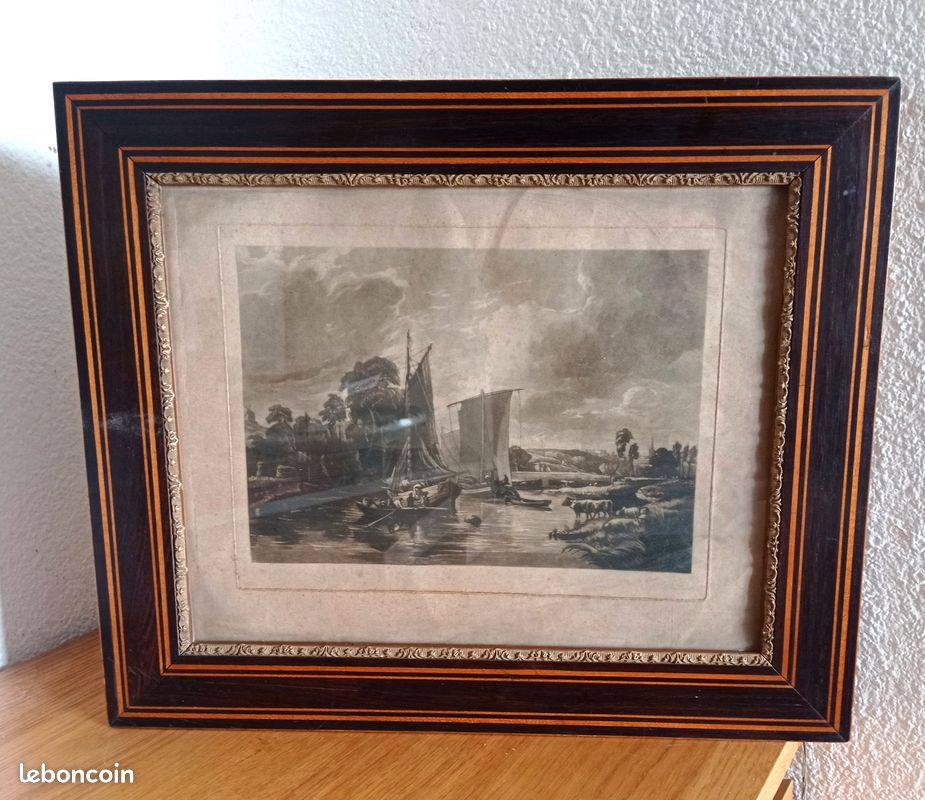 Gravure ancienne Marine encadrement avec marqueterie début XXème (image 1)