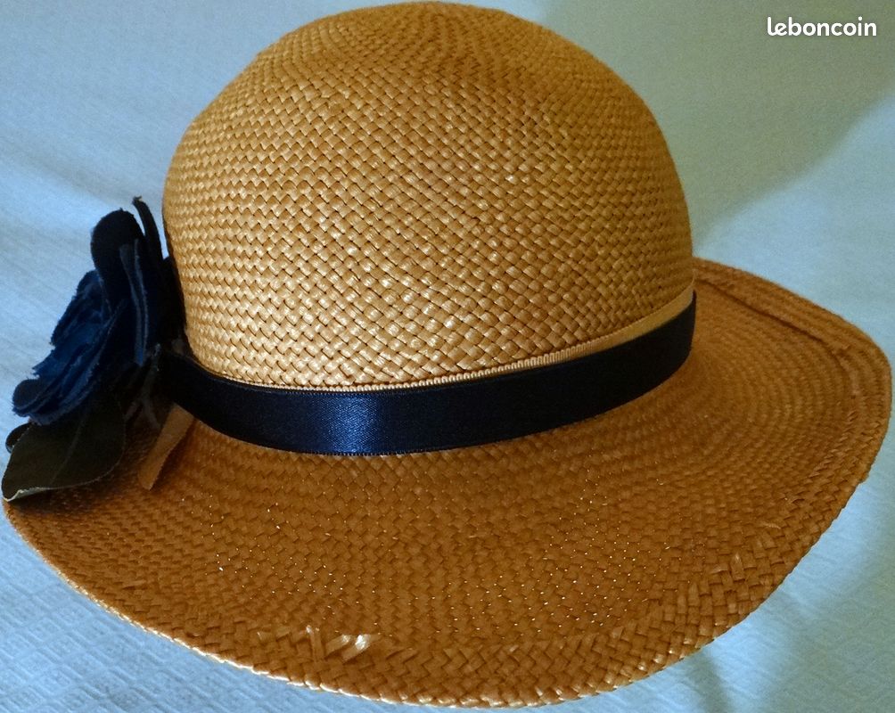 CHAPEAU EN PAILLE NATURELLE 1960 T. 53 cm avec RUBANS FLEUR EN TISSU BLEU mariage, été, défilé vintage, fabriqué en France (image 13)