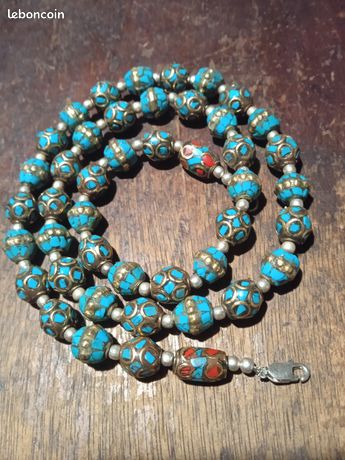 Collier Tibétain Ancien En Turquoises Et Métal Cloisonné - Pièce Ethnique Vintage