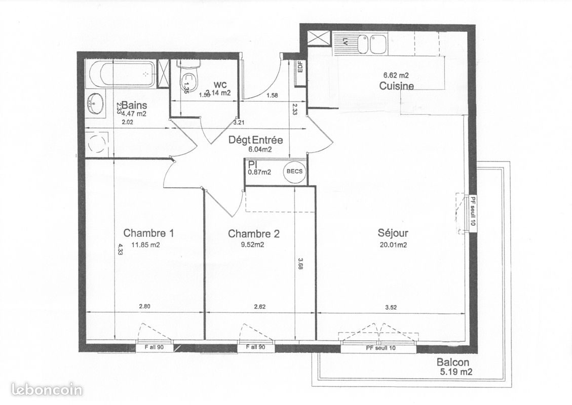 Appartement 3 pièces 62 m² · à Lagny-sur-Marne · 61,5 m² · 1 015 €/mois