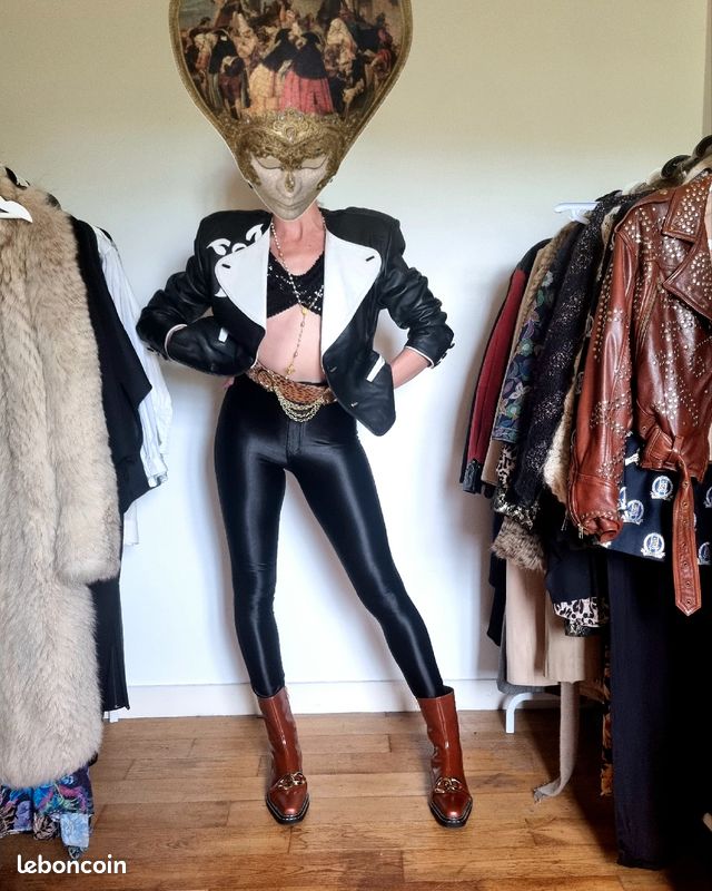Veste en cuir vintage 80's 90's cintrée col contrastant maroquinier taille M (image 1)