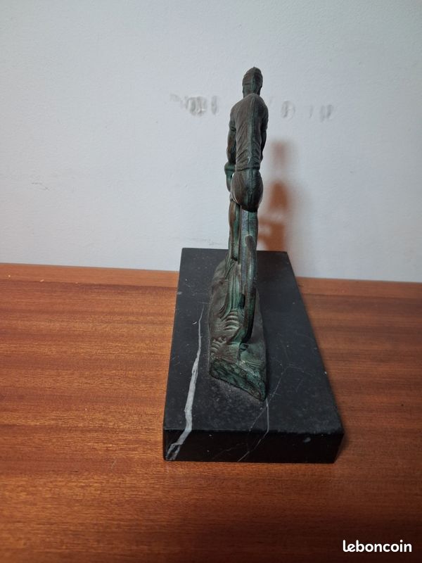 Ancienne Statue Cycliste En Régule Sur Socle Marbre – France