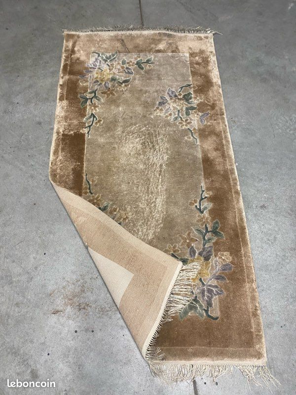 Grand Tapis Chinois Ancien Fait Main - Motif Fleurs Beige Rosé Vert D'eau - 154x253 Cm