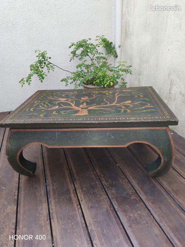 Table salon charme assuré lourde beau bois motif peint oiseau arbre 90x60x42 (image 2)