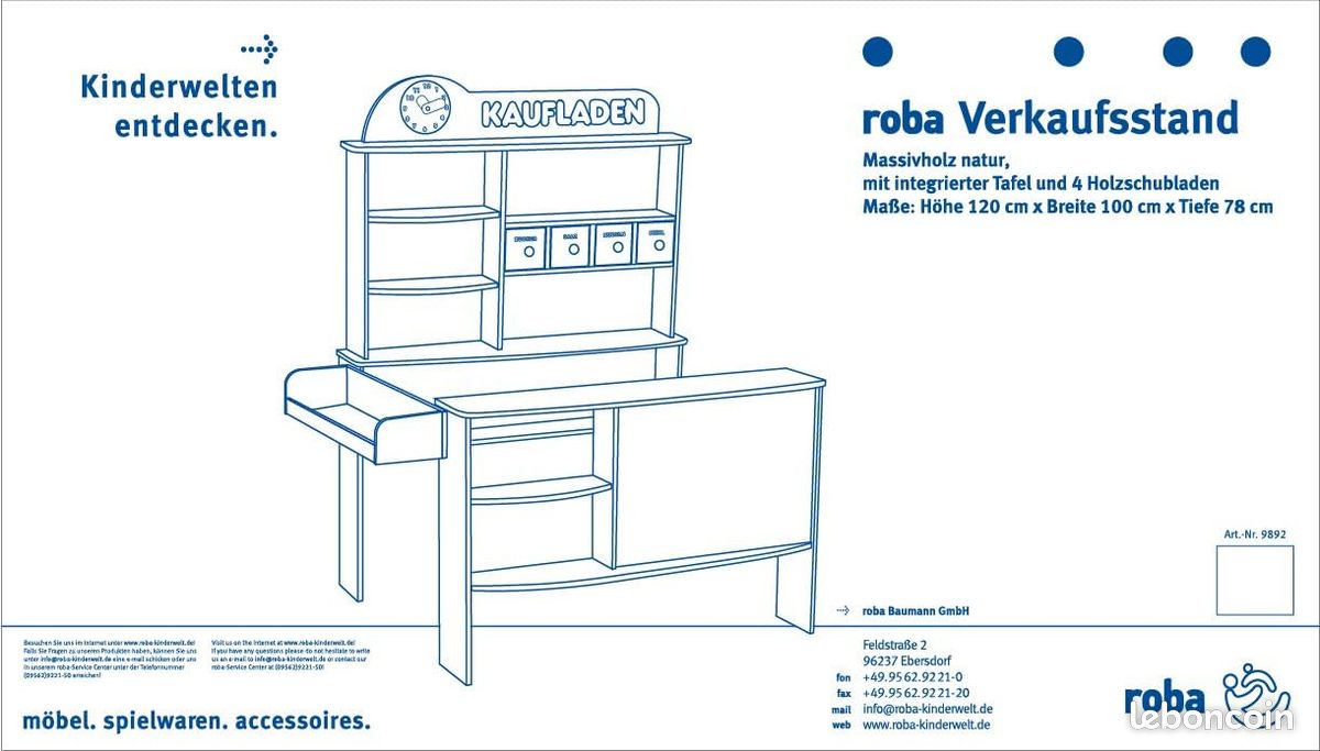 Roba Marchande Enfant en Bois - Épicerie avec 4 Tiroirs et Étagères - Horloge et Tableau à Craie - N (image 2)