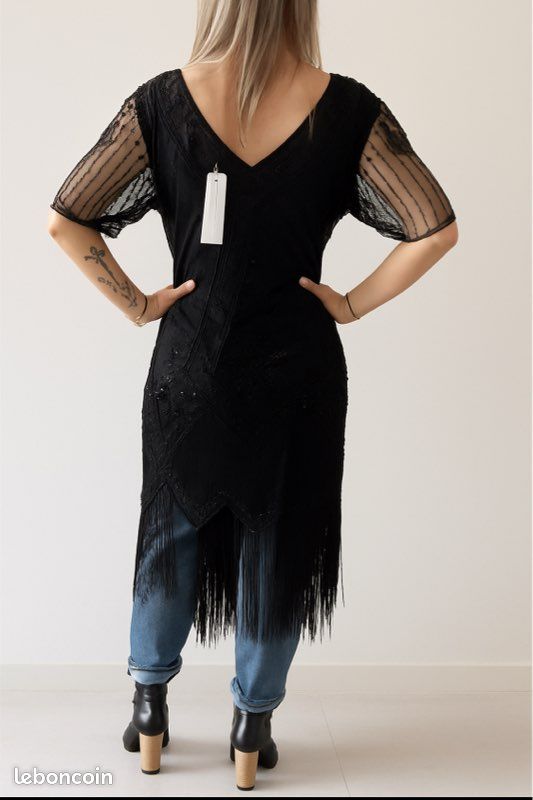 Robe Soirée En Soie I.CODE Style Gatsby Années 20 - Taille 38, Noire à Franges, Neuve