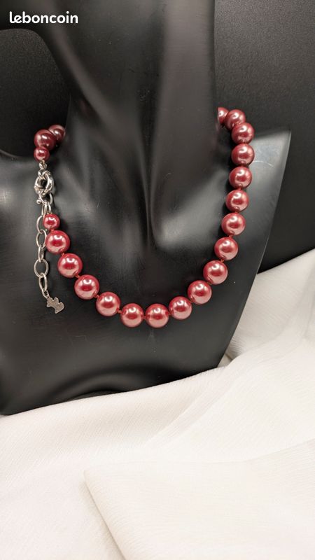 Collier Fantaisie Vintage AGATHA Paris – Perles Grises Et Pendentif Nounours En Argenté, OCCASION