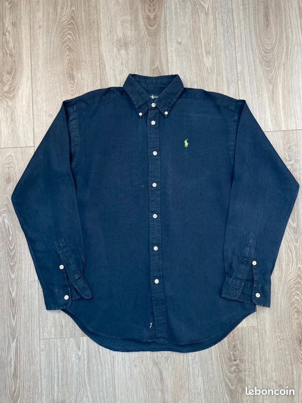 Chemise bleu marine 100% lin logo brodé jaune Ralph Lauren #B211 - Taille L (image 2)