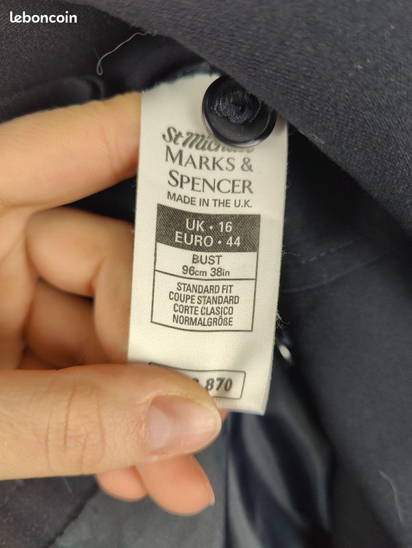 Manteau Homme MARKS & SPENCER - Bleu Marine Foncé - Laine WOOLMARK - Taille S - Occasion Très Bon état